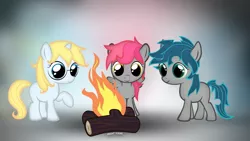 Size: 1191x670 | Tagged: artist:symbianl, changeling, derpibooru import, female, filly, fire, hybrid, oc, oc:candy cloud, oc:floweret, oc:pastel aurora, part changeling, safe, unofficial characters only