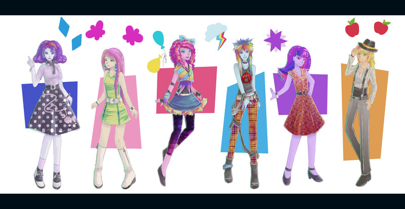 Size: 3400x1754 | Tagged: 60's fashion, 80's fashion, 80s hair, alternate hairstyle, applejack, artist:ami-magane, boots, breasts, clothes, decade, delicious flat chest, derpibooru import, dress, fashion, flattershy, fluttershy, galaxy leggings, go-go boots, high heel boots, human, humanized, line-up, mane six, mod, music, pinkie pie, pony coloring, poodle skirt, punk, rainbow dash, rarity, safe, shoes, skinny, skirt, suspenders, twilight sparkle