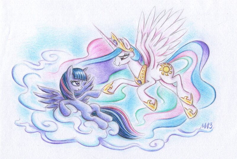 Size: 2119x1419 | Tagged: safe, artist:deathcutlet, artist:michelangelo, derpibooru import, princess celestia, twilight sparkle, twilight sparkle (alicorn), alicorn, pony, cloud, cloudy, female, fine art parody, mare, parody, sistine chapel, the creation of adam, traditional art