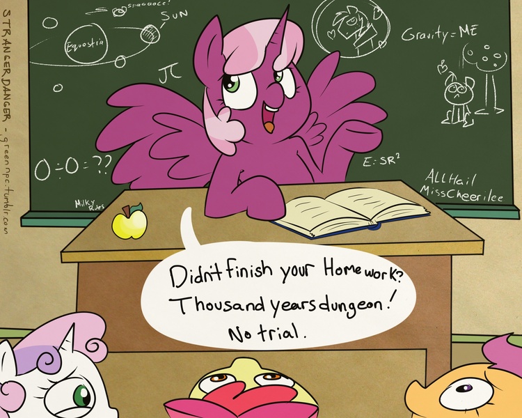 Size: 2000x1600 | Tagged: safe, artist:strangerdanger, derpibooru import, apple bloom, cheerilee, scootaloo, sweetie belle, alicorn, pony, 30 minute art challenge, abuse of power, adventure time, alicornified, apple, book, chalkboard, cheericorn, classroom, cutie mark crusaders, desk, dialogue, divide by zero, female, food, lemongrab, mare, parody, portal (valve), portal 2, race swap, space core, speech bubble, teacher, teacher and student