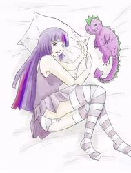 Size: 729x960 | Tagged: artist:hevanjeline, breasts, clothes, derpibooru import, female, human, humanized, panties, skirt, socks, solo, solo female, stockings, striped socks, striped underwear, suggestive, thigh highs, twilight sparkle, underwear, upskirt