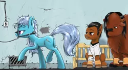 Size: 1418x782 | Tagged: safe, artist:madhotaru, derpibooru import, screw loose, ponified, buffalo, pony, bridle, butt, chief bromden, crossover, female, hospital, jack nicholson, mare, one flew over the cuckoo's nest, plot, randle mcmurphy, sitting, tack