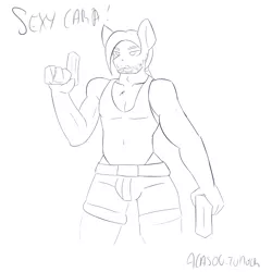 Size: 800x800 | Tagged: suggestive, artist:alasou, deleted from derpibooru, derpibooru import, ponified, anthro, earth pony, pony, 30 minute art challenge, bare chest, gun, lara croft, lineart, male, monochrome, rule 63, solo, solo male, tomb raider, weapon