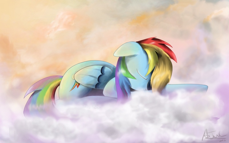 Size: 1400x876 | Tagged: safe, artist:ajvl, derpibooru import, rainbow dash, pegasus, pony, cloud, cloudy, female, mare, sleeping, solo