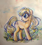 Size: 591x635 | Tagged: applejack, artist:ladycat17, derpibooru import, hatless, looking back, missing accessory, safe, solo, traditional art