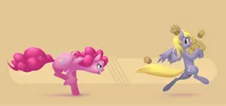 Size: 4000x1884 | Tagged: safe, artist:eosphorite, derpibooru import, derpy hooves, pinkie pie, pony, behaving like a dog, bipedal, chase, food, hat, muffin, running