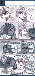 Size: 550x1185 | Tagged: dead source, safe, artist:johnjoseco, derpibooru import, derpy hooves, princess celestia, princess luna, twilight sparkle, twilight sparkle (alicorn), alicorn, pony, ask gaming princess luna, ask princess molestia, princess molestia, blushing, comic, drunk, hug, image, my wings are so pretty, png, winghug