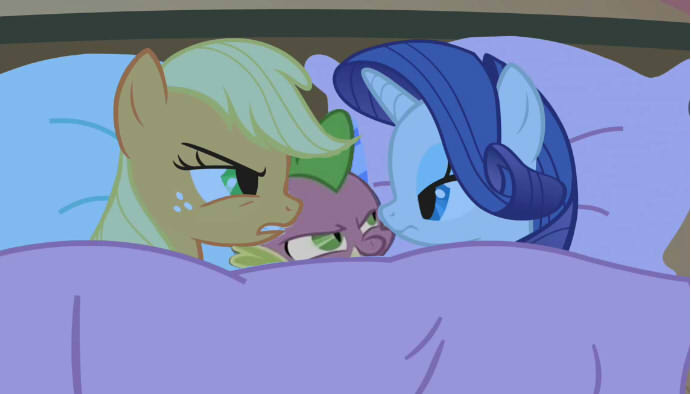 Size: 691x394 | Tagged: safe, derpibooru import, edit, edited screencap, screencap, applejack, rarity, spike, dragon, earth pony, pony, unicorn, look before you sleep, applespike, bed, bisexual, female, lesbian, lesbian in front of boys, lucky bastard, male, polyamory, shipping, sparijack, sparity, spike gets all the mares, straight