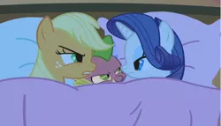 Size: 691x394 | Tagged: safe, derpibooru import, edit, edited screencap, screencap, applejack, rarity, spike, dragon, earth pony, pony, unicorn, look before you sleep, applespike, bed, bisexual, female, lesbian, lesbian in front of boys, lucky bastard, male, polyamory, shipping, sparijack, sparity, spike gets all the mares, straight