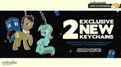 Size: 892x491 | Tagged: derpibooru import, doctor who, doctor whooves, keychain, lyra heartstrings, merchandise, safe, sitting, tardis, time turner, welovefine