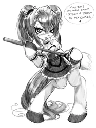 Size: 1280x1707 | Tagged: anthro, artist:octamous, bipedal, breasts, broom, chestbreasts, clothes, costume, derpibooru import, dialogue, maid, oc, parody, pigtails, quadrupedal chest boobs, sugarcube, suggestive, twintails, unofficial characters only