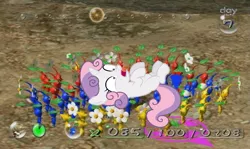 Size: 797x476 | Tagged: safe, derpibooru import, sweetie belle, pikmin, pony, unicorn, blue pikmin, female, filly, red pikmin, scared, yellow pikmin