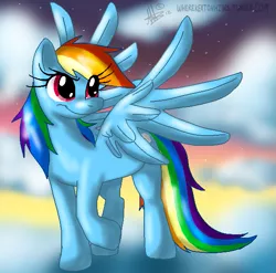 Size: 601x594 | Tagged: dead source, safe, artist:thepipefox, derpibooru import, rainbow dash, pegasus, pony, cloud, female, mare, raised hoof, sky, smiling, solo, spread wings, wings