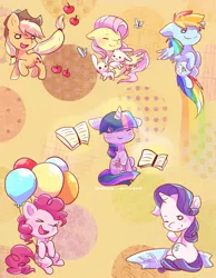 Size: 700x900 | Tagged: safe, artist:cheerubi, derpibooru import, applejack, fluttershy, pinkie pie, rainbow dash, rarity, twilight sparkle, butterfly, earth pony, pegasus, pony, rabbit, unicorn, abstract background, animal, apple, balloon, book, cutie mark, fabric, female, flying, food, happy, horn, mane six, smiling, spread wings, wings