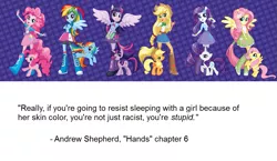 Size: 993x574 | Tagged: suggestive, derpibooru import, applejack, fluttershy, pinkie pie, rainbow dash, rarity, twilight sparkle, human, pony, fanfic, equestria girls, equestria girls drama, equestria girls plus, hand, human ponidox, mane six, quote, racism, self ponidox, text, twoiloight spahkle