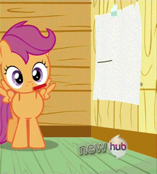 Size: 470x521 | Tagged: safe, derpibooru import, scootaloo, pegasus, pony, animated, check, check mark, clubhouse, crusaders clubhouse, cute, cutealoo, female, filly, hub logo, pencil, reaction image, red, solo, text
