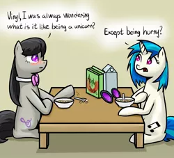 Size: 1100x1000 | Tagged: suggestive, artist:slavedemorto, derpibooru import, octavia melody, vinyl scratch, earth pony, pony, unicorn, apple jacks, blushing, cereal, duo, duo female, female, food, glasses, joke, milk, pun, sitting, spoon, table