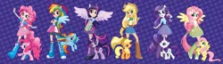 Size: 2048x593 | Tagged: safe, derpibooru import, edit, applejack, fluttershy, pinkie pie, rainbow dash, rarity, twilight sparkle, human, equestria girls, equestria girls (movie), box art, eqg promo pose set, equestria girls plus, human coloration, humanized, ponied up, recolor, twoiloight spahkle, winged humanization, wings