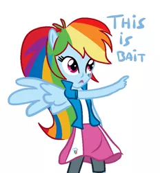 Size: 718x775 | Tagged: safe, artist:smile, derpibooru import, rainbow dash, equestria girls, equestria girls (movie), bait, caption, check em, clothes, equestria girls prototype, image macro, ponied up, reaction image, simple background, skirt, solo, text, this is bait, white background