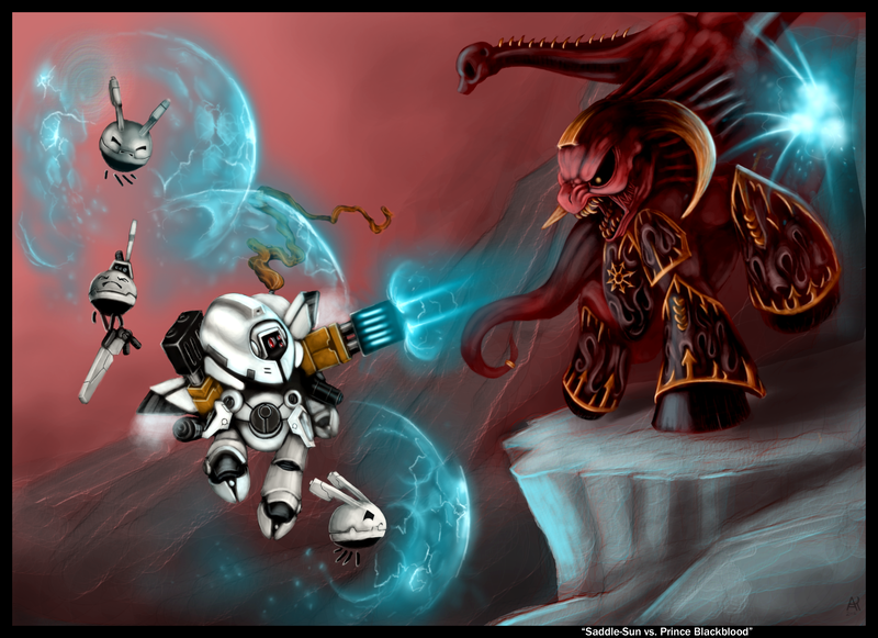 Size: 3509x2550 | Tagged: grimdark, artist:poniesofthekeene, derpibooru import, ponified, demon, parasprite, pony, tau, chaos space marine, daemon prince, drone, khorne, space marine, tau empire, warhammer (game), warhammer 40k