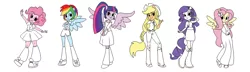 Size: 2000x579 | Tagged: safe, artist:robynne, derpibooru import, applejack, fluttershy, pinkie pie, rainbow dash, rarity, twilight sparkle, human, equestria girls, boots, clothes, humanized, jeans, long skirt, mane six, pants, shoes, simple background, sketch, skirt, socks, twoiloight spahkle, white background, winged humanization, wings