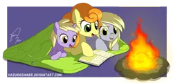 Size: 1292x618 | Tagged: safe, artist:hazurasinner, derpibooru import, carrot top, derpy hooves, dinky hooves, golden harvest, pegasus, pony, book, campfire, equestria's best mother, female, mare, sleeping bag, underp