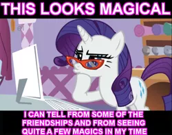 Size: 600x473 | Tagged: caption, computer, derpibooru import, glasses, image macro, meme, rarity, safe, shopped, text, this looks shopped