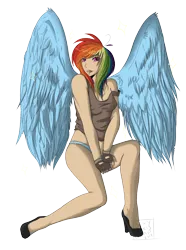 Size: 1116x1498 | Tagged: artist:sexytalkischeap, breasts, clothes, derpibooru import, high heels, human, humanized, panties, rainbow dash, shoes, suggestive, underwear, winged humanization, wings