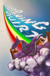 Size: 1126x1695 | Tagged: artist:miradge, bed, blanket, cloud, cloud sculpting, derpibooru import, flying, morning, rainbow, rainbow dash, safe, scootaloo, shocked, text, waking up