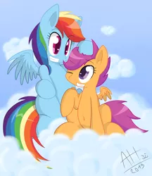 Size: 1250x1450 | Tagged: safe, artist:average-hanzo, derpibooru import, rainbow dash, scootaloo, pegasus, pony, belly button, cloud, noogie, scootalove