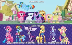 Size: 811x511 | Tagged: safe, derpibooru import, applejack, fluttershy, pinkie pie, rainbow dash, rarity, twilight sparkle, human, equestria girls, breasts, delicious flat chest, equestria girls drama, flattershy, humanized, impact font, mane six, meta, ponied up, text, twoiloight spahkle, winged humanization, wings