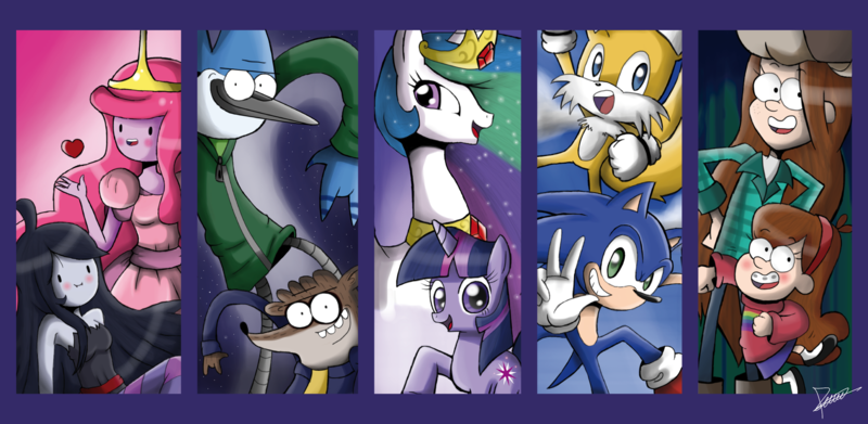 Size: 2669x1306 | Tagged: safe, artist:the-butch-x, derpibooru import, princess celestia, twilight sparkle, pony, adventure time, crossover, gravity falls, mabel pines, marceline, miles "tails" prower, mordecai, mordecai and rigby, princess bubblegum, regular show, rigby, sonic the hedgehog, sonic the hedgehog (series), wendy corduroy