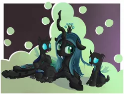 Size: 1582x1200 | Tagged: artist:postscripting, biting, changeling, changeling queen, cute, cutealis, cuteling, derpibooru import, eyes closed, female, hair bite, happy, male, mommy chrissy, mother, nymph, open mouth, proud, queen chrysalis, safe, smiling, when she smiles