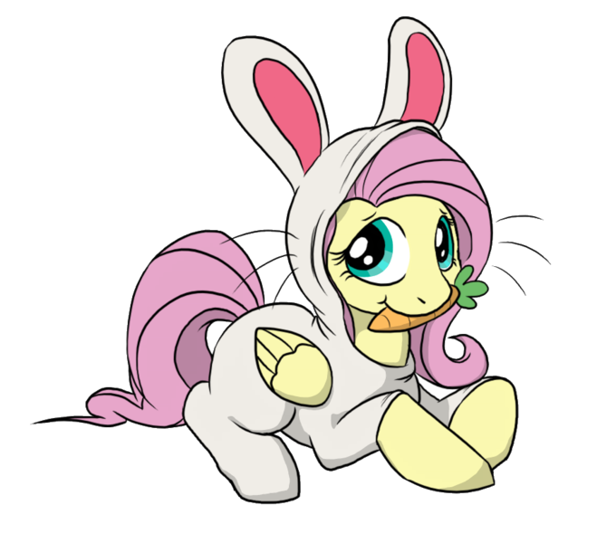 Size: 907x826 | Tagged: animal, animal costume, artist:c0nker, bunny costume, bunny pajamas, bunnyshy, carrot, clothes, costume, cute, derpibooru import, fluttershy, food, mouth hold, rabbit, safe, shyabetes, simple background, solo, transparent background