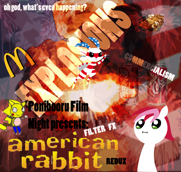 Size: 1000x950 | Tagged: safe, artist:daisyhead, derpibooru import, angel bunny, oc, oc:flicker, ponibooru film night, :i, fuster cluck, image, mcdonald's, michael bay, murica, png, sonic the hedgehog, sonic the hedgehog (series), sonichu, vanilla coke, wat