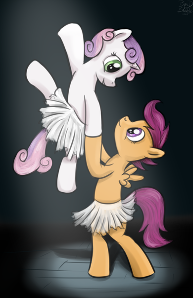 Size: 800x1232 | Tagged: artist:brainedbysaucepans, ballet, clothes, derpibooru import, eye contact, female, flexible, holding, lesbian, looking at each other, raised leg, safe, scootabelle, scootaloo, shipping, sweetie belle, tutu