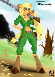 Size: 1875x2625 | Tagged: anthro, applejack, artist:modernstormtrooper, blackletter, braid, burning, dead tree, derpibooru import, fire, gun, machine gun, mg42, military uniform, no trigger discipline, raised eyebrow, rolled up sleeves, safe, smoke, tree, war, weapon, wehrmacht