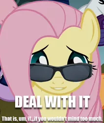Size: 337x397 | Tagged: caption, deal with it, derpibooru import, fluttershy, image macro, safe, sunglasses, text