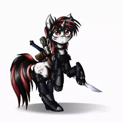 Size: 894x894 | Tagged: dead source, safe, artist:whitepone, derpibooru import, oc, oc:blackjack, unofficial characters only, cyborg, pony, unicorn, fallout equestria, fallout equestria: project horizons, fanfic, blade, collar, cutie mark, fanfic art, female, gun, handgun, hooves, horn, level 2 (project horizons), mare, melee weapon, pistol, revolver, simple background, solo, sword, weapon, white background