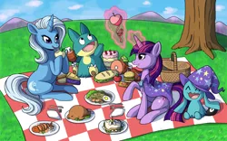 Size: 2340x1464 | Tagged: safe, artist:catsncupcakes, derpibooru import, trixie, twilight sparkle, alicorn, bird, chicken, fish, munchlax, pony, shrimp, turkey, unicorn, wynaut, accessory swap, apple, basket, burger, cake, cooked, crossover, cupcake, dead, egg (food), female, food, fork, fried egg, ham, hamburger, hot dog, knife, lesbian, magic, mare, meat, napkin, noodles, picnic, picnic basket, picnic blanket, pie, plate, pokémon, ponies eating meat, ponies eating seafood, product placement, sandwich, sausage, seafood, shipping, silverware, steak, telekinesis, tree, twix, twixie, x eyes
