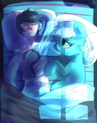 Size: 757x956 | Tagged: safe, artist:mewball, derpibooru import, lyra heartstrings, oc, oc:anon, human, pony, unicorn, anon with a face, bed, clothes, female, human fetish, human male, humie, male, mare, sleeping, smiling