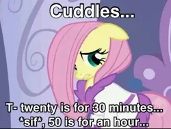 Size: 325x244 | Tagged: safe, derpibooru import, edit, edited screencap, screencap, fluttershy, pony, caption, cuddling, female, floppy ears, frown, gritted teeth, image macro, looking away, mare, nervous, prostitute, prostitution, scared, text