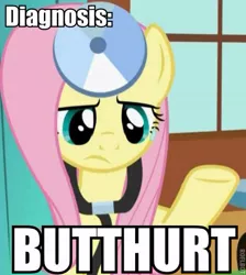 Size: 477x533 | Tagged: a bird in the hoof, butthurt, caption, cropped, derpibooru import, diagnosis, doctor, doctor fluttershy, edit, edited screencap, fluttershy, head mirror, image macro, meme, reaction image, safe, screencap, solo, stethoscope, text