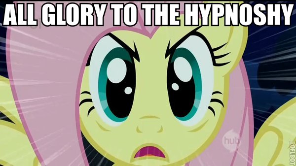 Size: 600x337 | Tagged: all glory to the hypnotoad, caption, derpibooru import, fluttershy, futurama, hypnosis, hypnotoad, image macro, meme, safe, stare, text, the stare