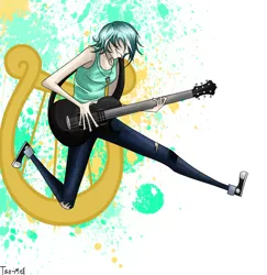 Size: 3790x3900 | Tagged: artist:tao-mell, derpibooru import, electric guitar, fanfic, fanfic:anthropology, fanfic art, female, grin, guitar, hair over eyes, hidden eyes, human, humanized, lyra heartstrings, musical instrument, safe, smiling, solo
