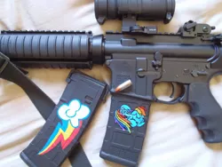 Size: 960x720 | Tagged: aimpoint, ar15, custom, cutie mark, derpibooru import, gun, gunified, gun magazine, irl, magpul, my little arsenal, paint, photo, picatinny rail, rainbow dash, reflex sight, rifle, safe, toy, weapon