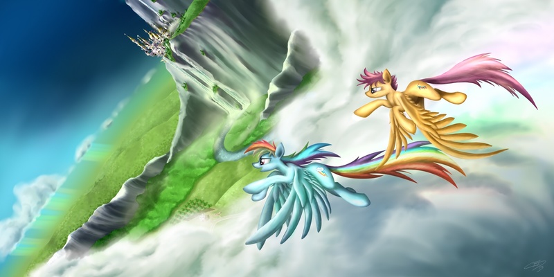 Size: 1600x800 | Tagged: safe, artist:pyrestorm, derpibooru import, rainbow dash, scootaloo, pegasus, pony, canterlot, cloud, duo, duo female, female, filly, flying, mare, mountain, open mouth, scenery, scootaloo can fly, signature, sky, spread wings, vertigo, wings