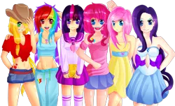 Size: 1147x697 | Tagged: applejack, armpits, artist:chatt3rbox, belly button, boobie mark, breasts, busty applejack, busty pinkie pie, busty rainbow dash, busty rarity, clothes, cutie mark on human, delicious flat chest, derpibooru import, dress, flattershy, fluttershy, front knot midriff, human, humanized, line-up, mane six, midriff, navel cutout, pinkie pie, rainbow dash, rarity, safe, school uniform, simple background, skinny, skirt, tanktop, transparent background, twilight sparkle, whistle, whistle necklace
