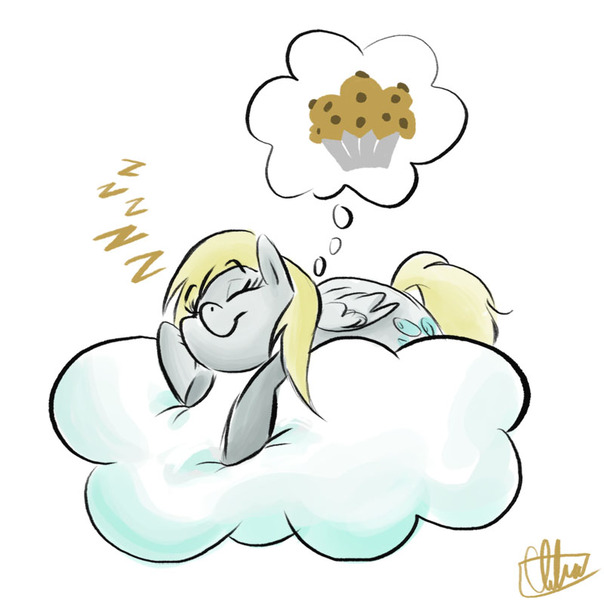 Size: 800x795 | Tagged: safe, artist:romaniz, derpibooru import, derpy hooves, pegasus, pony, cloud, female, food, lying on a cloud, mare, muffin, on a cloud, onomatopoeia, sleeping, sleeping on cloud, solo, sound effects, that pony sure does love muffins, zzz