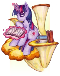 Size: 555x699 | Tagged: safe, artist:mythee, derpibooru import, twilight sparkle, pony, unicorn, book, glowing horn, horn, magic, mushroom, simple background, solo, telekinesis, traditional art, transparent background, unicorn twilight